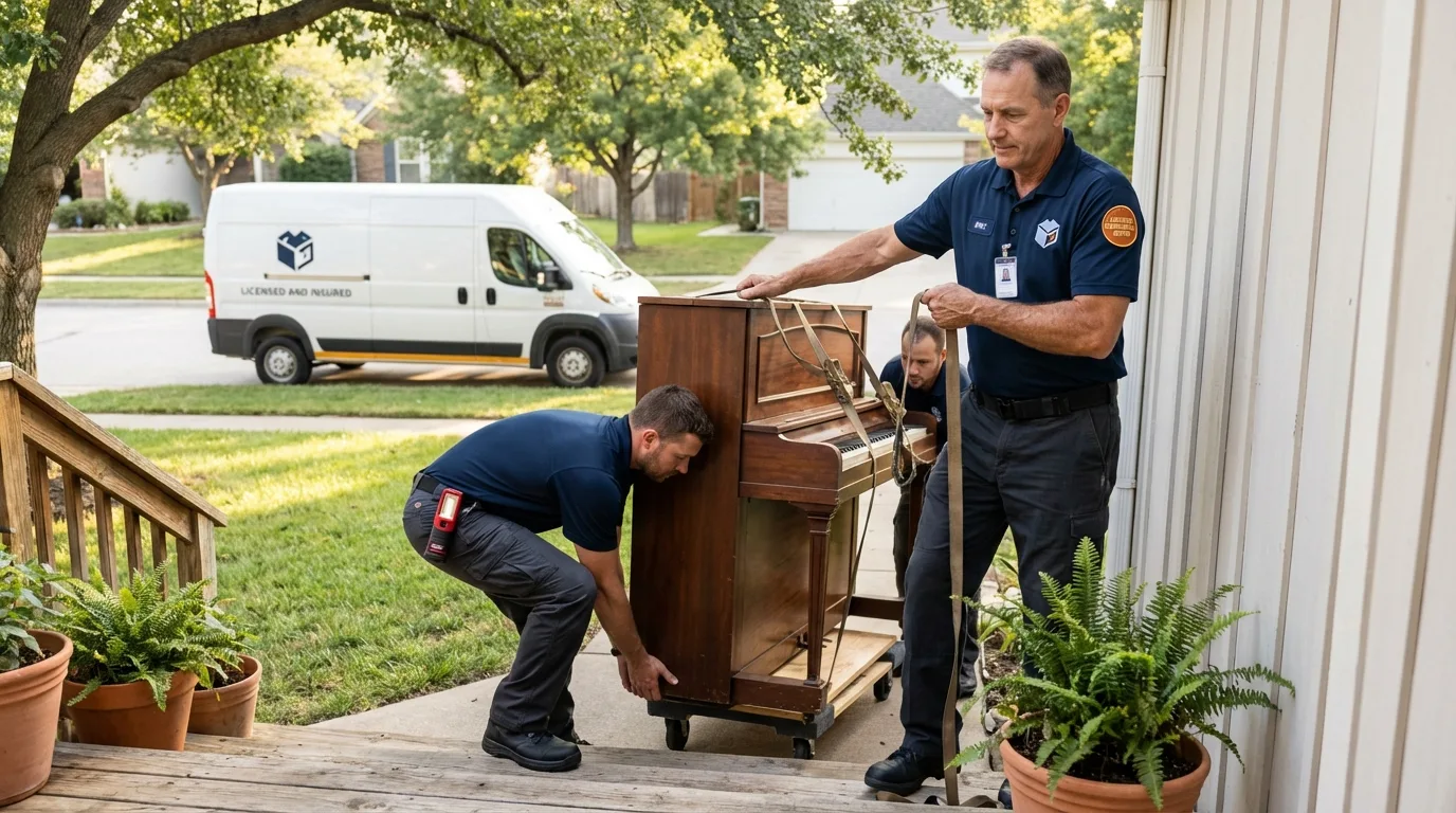 Licensed piano movers securing grand piano in Clear Lake, SD