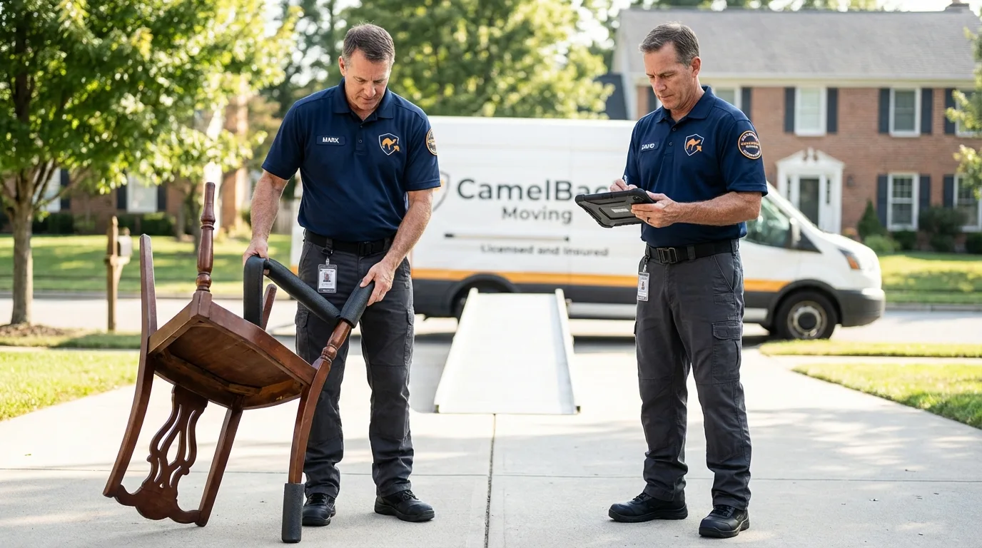 Movers inspecting furniture for damage prevention before loading in Clear Lake, SD